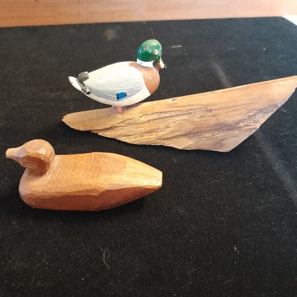 VTG Folk Art Hand-Carved Wood Duck on and Unpainted Wooden Duck Pair - Picture 1 of 4